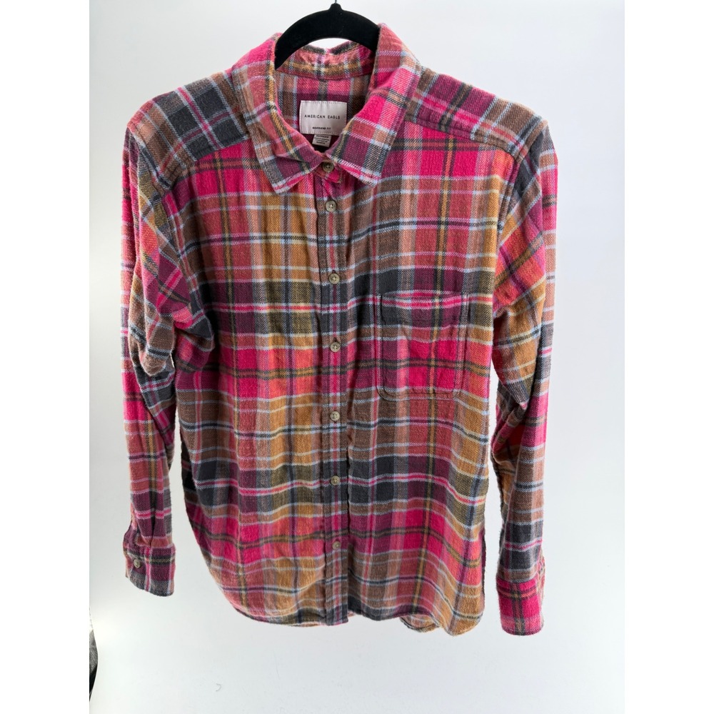 American Eagle Boyfriend Fit Flannel Shirt Pink Orange Plaid XS Soft Long Sleeve
